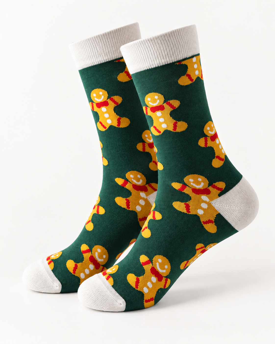 Chaussettes vertes motif bonhomme pain d'épice avec bords blancs, accessoire fantaisie Noël unisexe