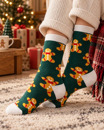 Chaussettes vertes motif bonhomme pain d'épice Noël femme avec bordures blanches accessoire festif hiver