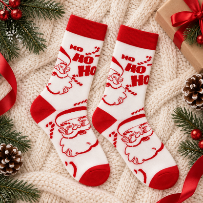 Chaussettes Père Noël rouge et blanc motif Ho Ho Ho et candy cane accessoire festif Noël unisexe