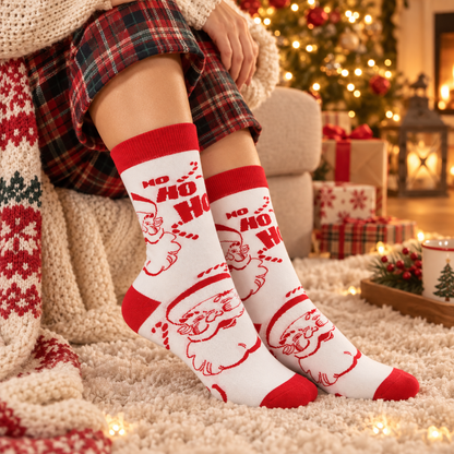 Chaussettes Père Noël blanc et rouge motif Ho Ho Ho coton festif accessoire Noël femme