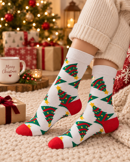 Chaussettes sapin de Noël blanches motifs sapins verts étoiles dorées talon rouge accessoire festif hiver femme