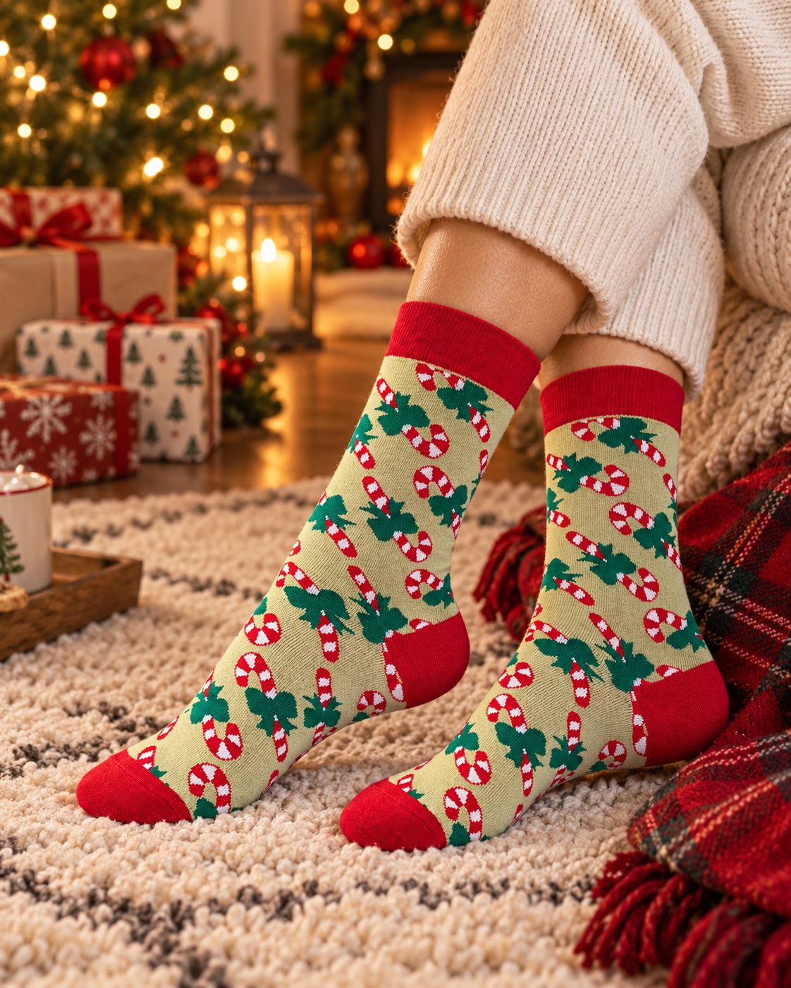 Chaussettes Sucre d'orge motif candy cane vert et rouge, accessoire fantaisie Noël femme en coton doux