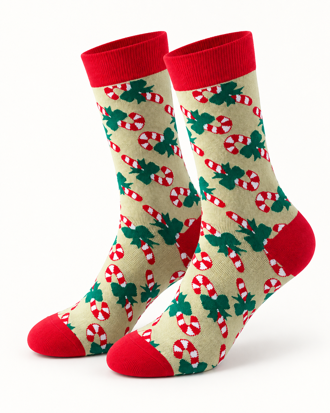 Chaussettes de Noël beige motif sucre d'orge et houx vert avec bord talon et pointe rouge accessoire festif