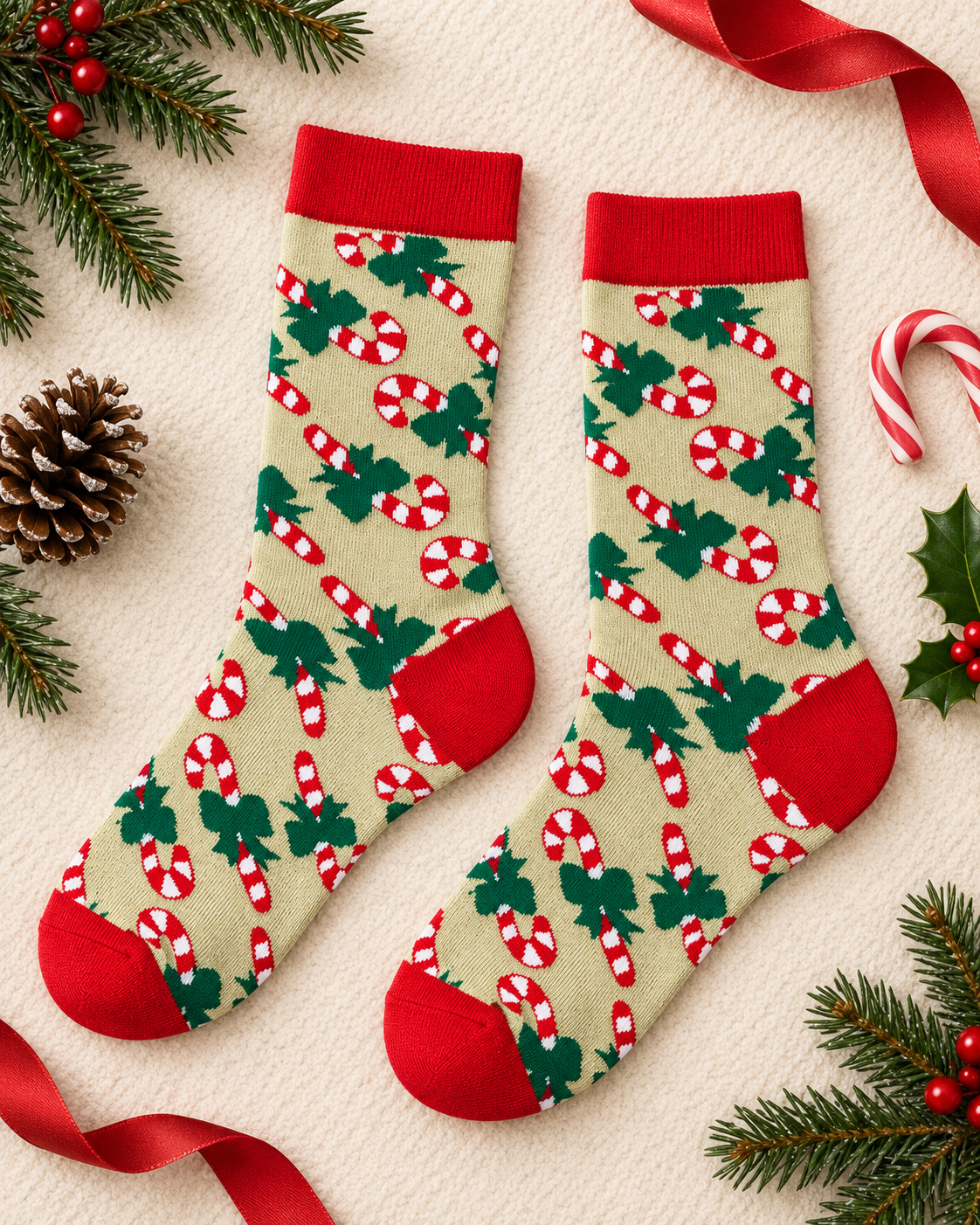 Chaussettes de Noël beiges motifs sucres d'orge et houx, bords rouges, accessoire festif hiver femme homme