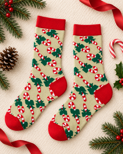 Chaussettes de Noël beiges motifs sucres d'orge et houx, bords rouges, accessoire festif hiver femme homme