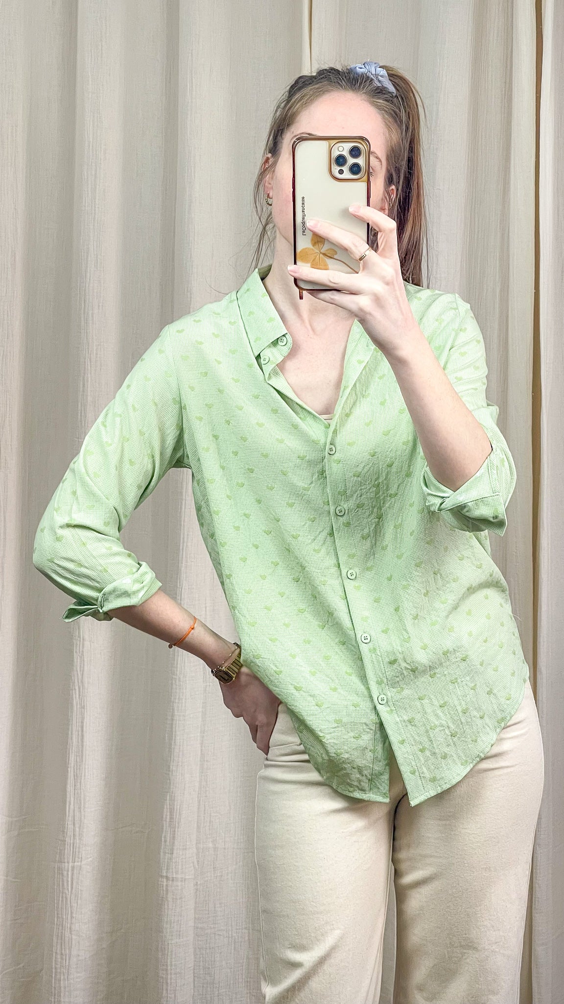 Chemise femme vichy vert avec motif cœurs manches longues coupe fluide