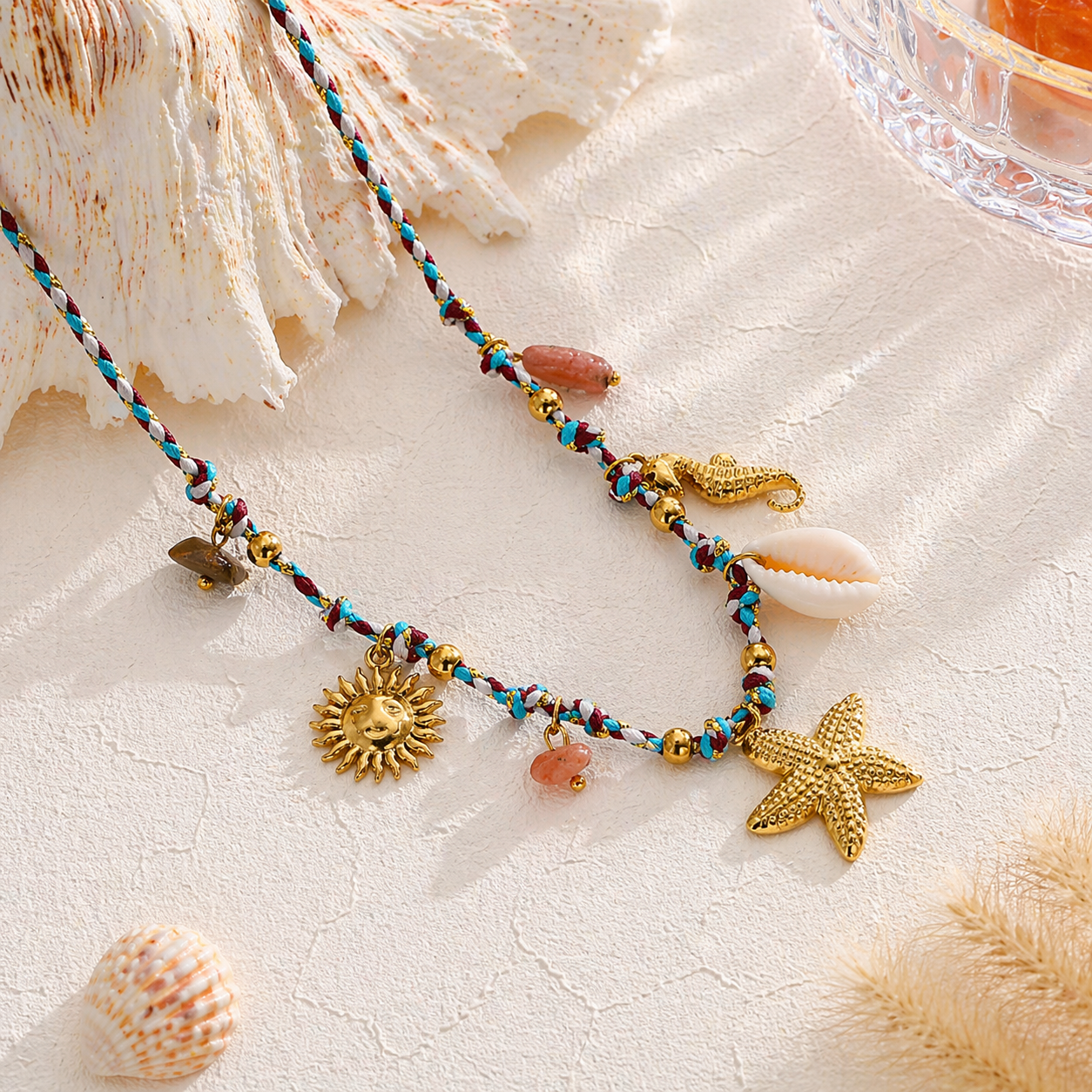 Collier tressé bleu bordeaux charms soleil doré étoile de mer coquillage naturel 40cm