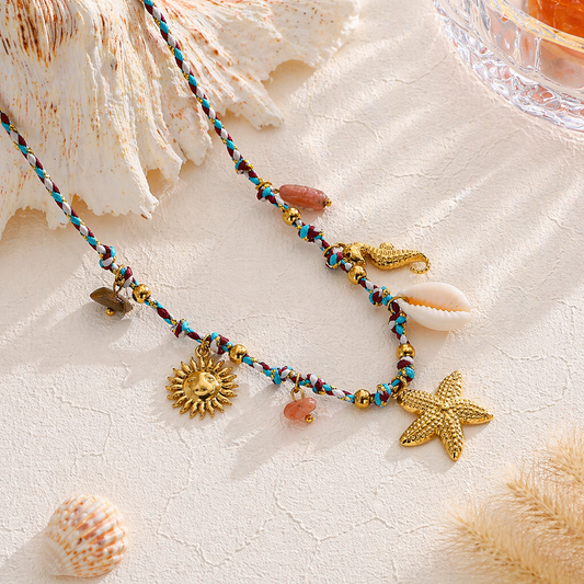 Collier tressé bleu bordeaux charms soleil doré étoile de mer coquillage naturel 40cm