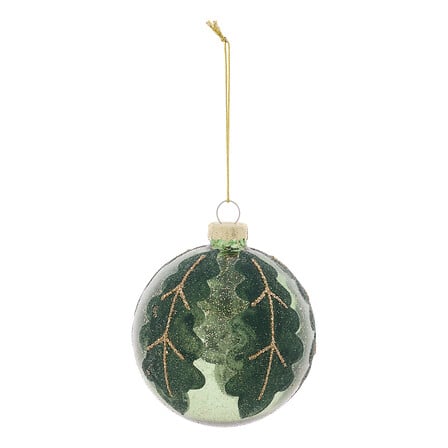 Boule de Noël en verre vert avec décor feuilles givrées et branches dorées diamètre 8 cm décoration sapin