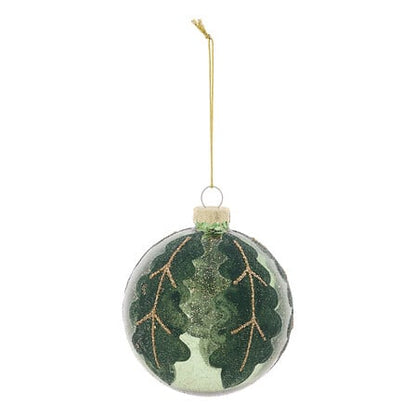 Boule de Noël en verre vert avec décor feuilles givrées et branches dorées diamètre 8 cm décoration sapin