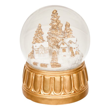 Boule à neige lumineuse dorée avec village et sapins enneigés diam 15 cm décoration de Noël élégante