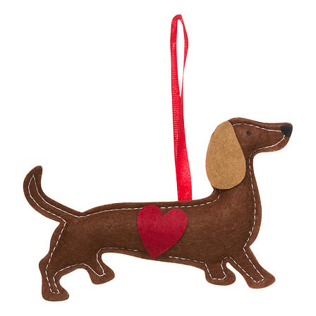 Décoration teckel en feutrine marron avec cœur rouge et ruban satin, sujet de Noël artisanal 13 cm à suspendre