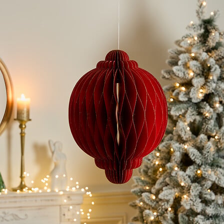 Suspension boule Pallo rouge en papier alvéolé 30 cm décoration sapin de Noël style traditionnel