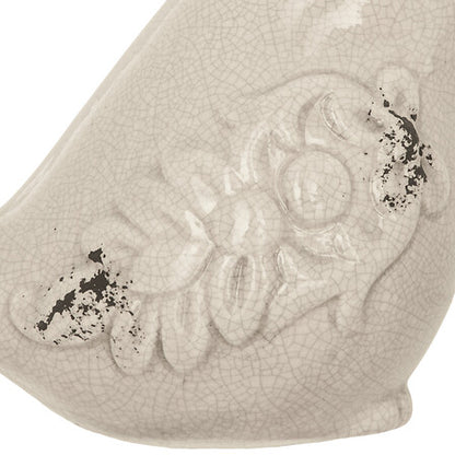 Oiseau décoratif Spring en céramique craquelée beige avec motif floral en relief style shabby chic vintage