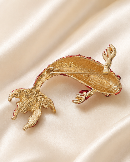 Broche poisson carpe koï dorée et rouge en métal texturé, accessoire bijou fantaisie style asiatique femme