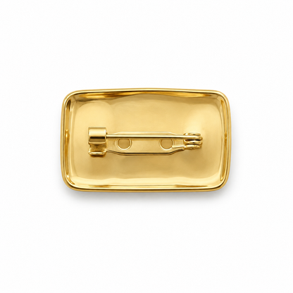 Broche dorée rectangulaire avec fermoir épingle vue arrière, accessoire bijou fantaisie doré femme élégant