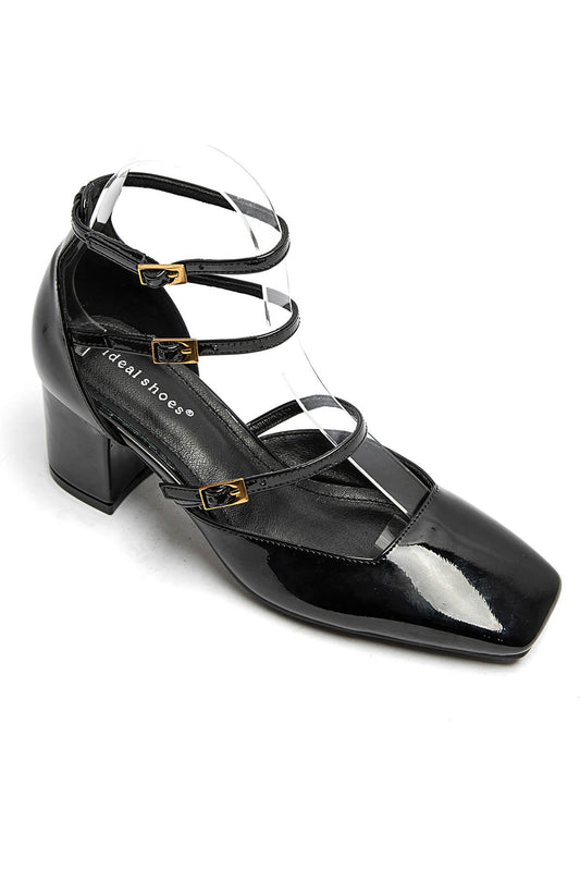 Babies vernies noires à brides multiples avec boucles dorées et talon bloc bas femme