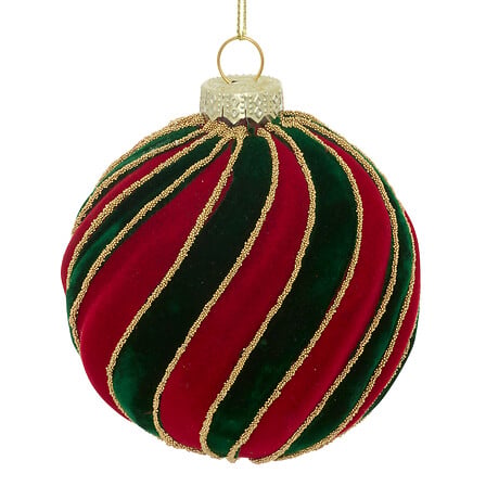 Boule de Noël en verre velours rayé rouge et vert avec liserés dorés brillants décoration sapin festive diam 8 cm