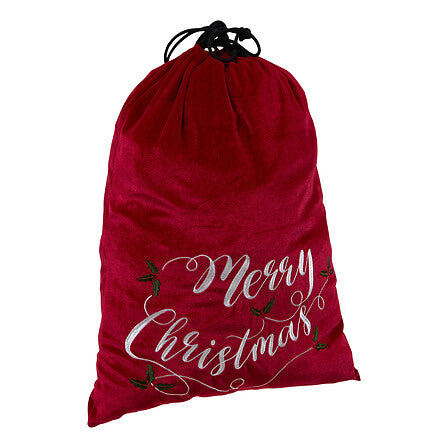Hotte de Noël rouge en velours brodée Merry Christmas avec cordon noir décoration fêtes
