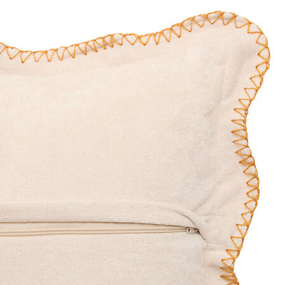 Coussin beige lin 40x40cm avec bordure festonnée orange et fermeture éclair, accessoire déco salon bohème naturel