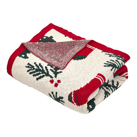 Plaid tricot de Noël rouge et écru motifs sapins et rennes décoration festive traditionnelle 130x170 cm