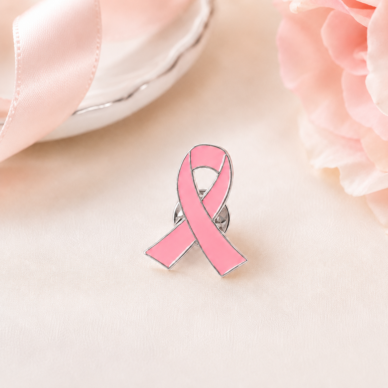Pin's ruban rose métal argenté épinglette Octobre rose sensibilisation cancer du sein accessoire solidaire femme