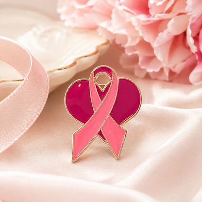 Pin's épinglette coeur bordeaux et ruban rose Octobre rose métal doré accessoire solidaire sensibilisation cancer du sein fem