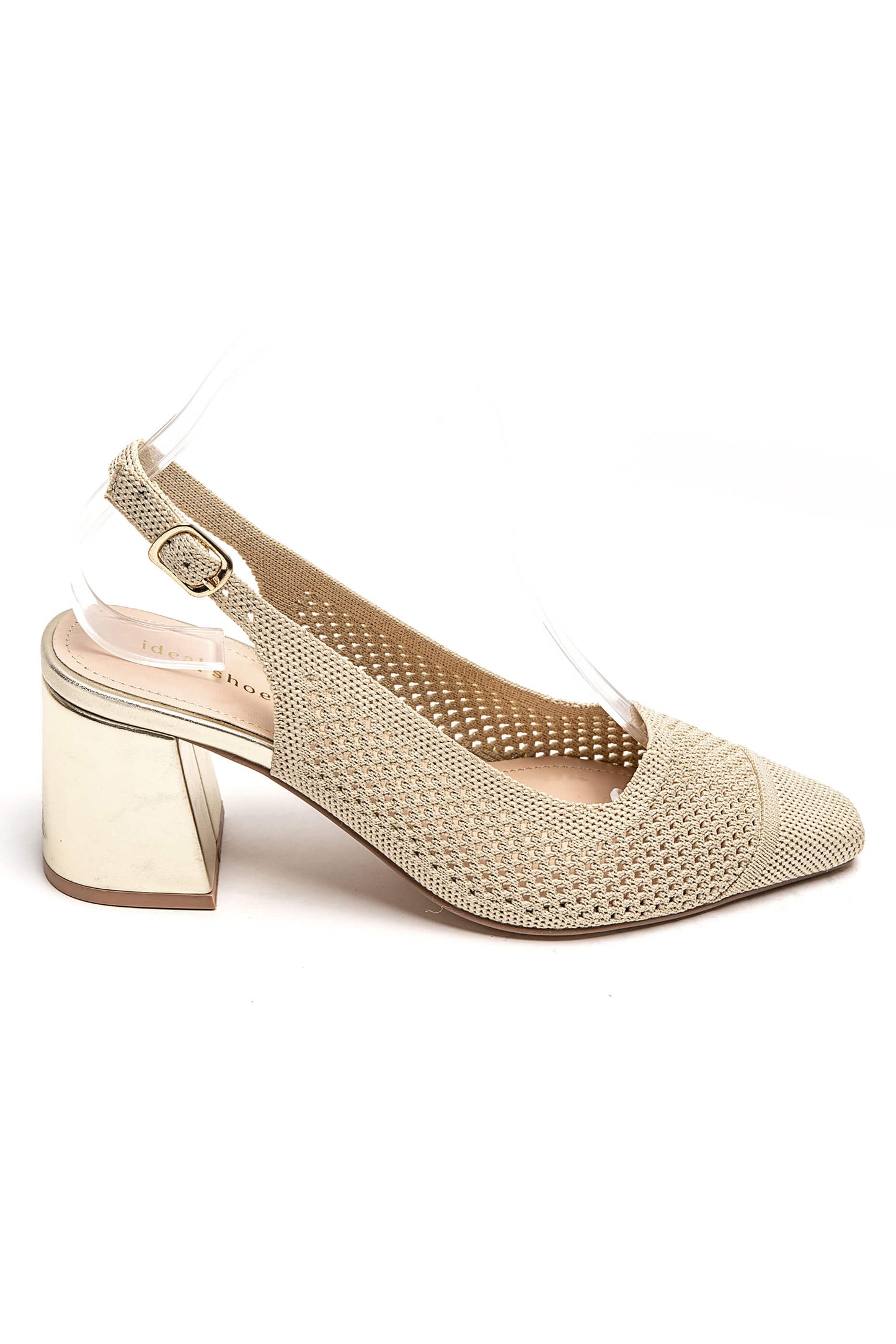 Escarpins beige slingback ajourés avec talon doré vue côté