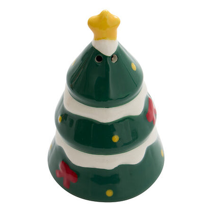 Salière sapin de Noël vert en céramique avec étoile jaune et décorations rouges, accessoire déco table fête Noël