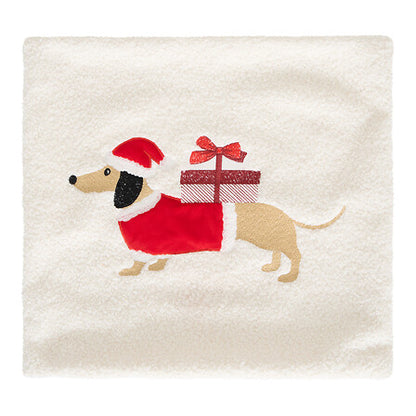 Coussin beige motif teckel Noël avec bonnet père Noël et cadeau rouge, décoration festive 40x40 cm