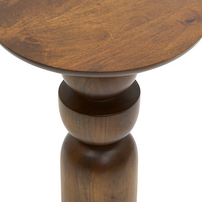 Table café totem Shelty en bois de manguier massif finition noyer, pied sculpté design diamètre 38 cm décoration intérieure