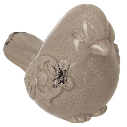 Oiseau décoratif Spring en céramique craquelée beige avec motif floral en relief style campagne chic