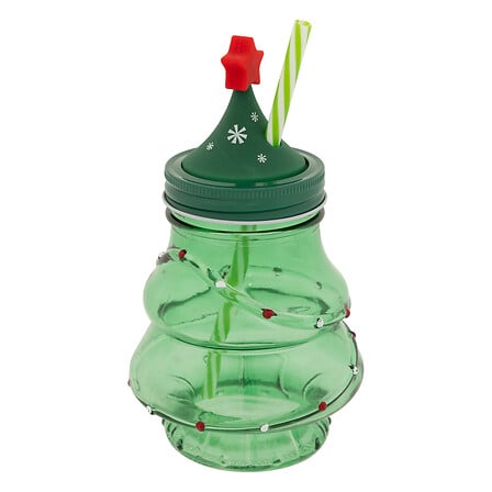 Gobelet sapin de Noël vert transparent avec couvercle étoile rouge et paille rayée, décoration festive table de fête