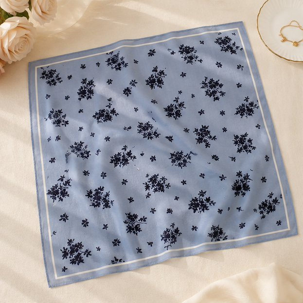 Foulard carré bleu ciel motif floral navy style romantique femme accessoire mode élégant