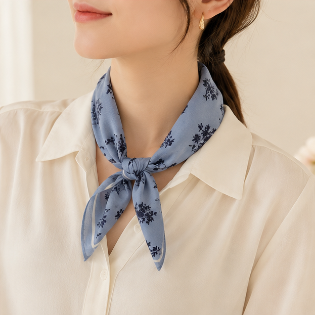 Foulard carré bleu ciel imprimé fleurs marine noué autour du cou femme, accessoire mode élégant printemps été