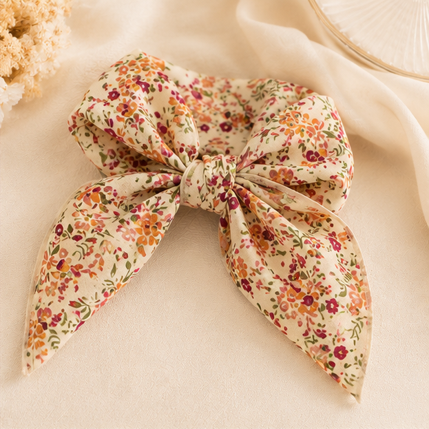 Foulard carré imprimé floral beige à petites fleurs oranges et roses style champêtre femme noué en noeud élégant