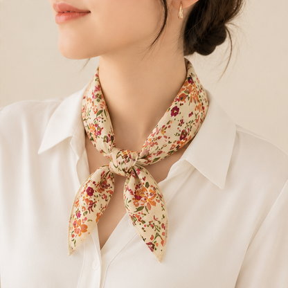 Foulard carré imprimé floral beige et orange noué autour du cou, accessoire femme style bohème chic printemps