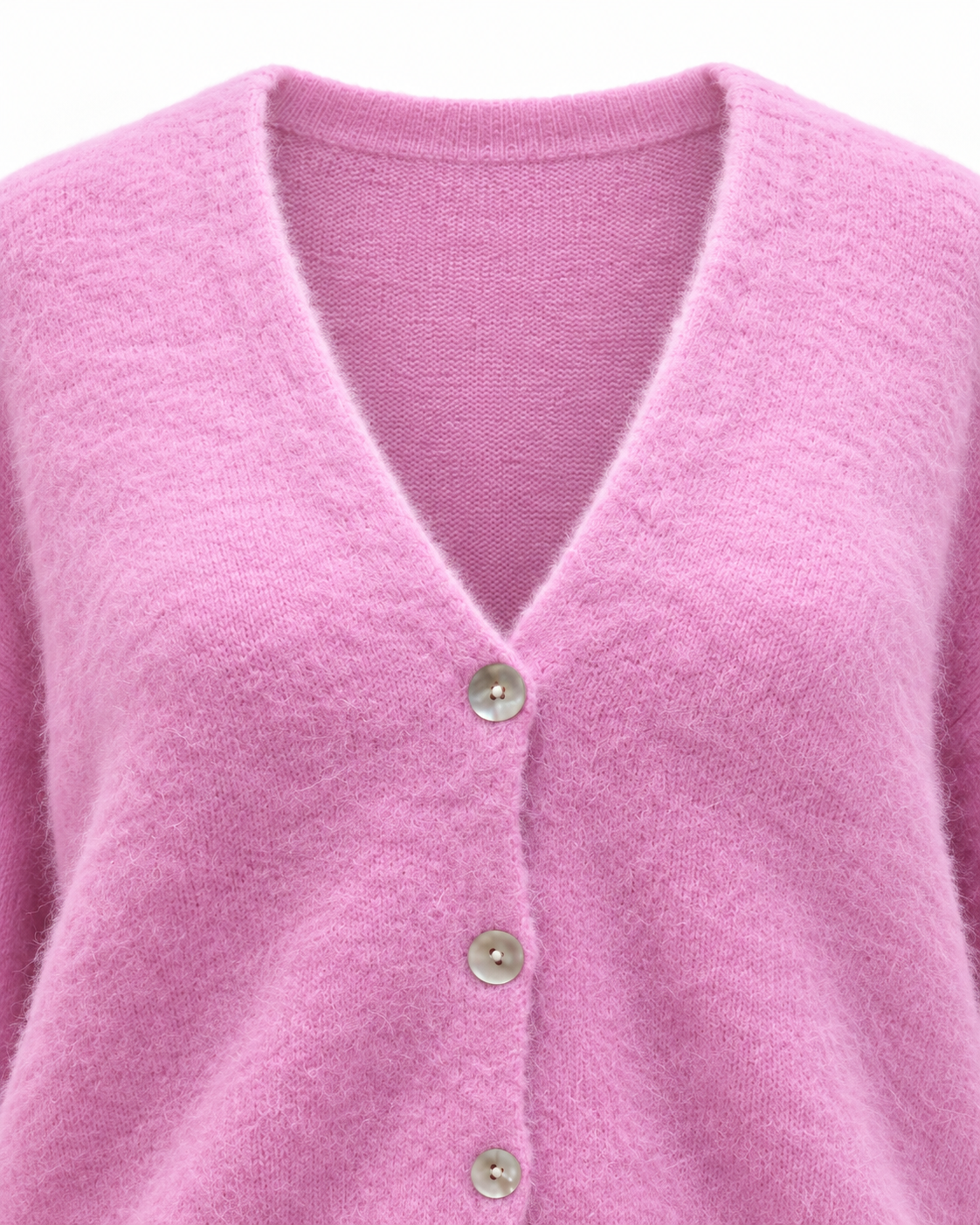 Gilet rose en alpaga moelleux col V avec boutons nacre, cardigan femme doux et chaud style cocooning