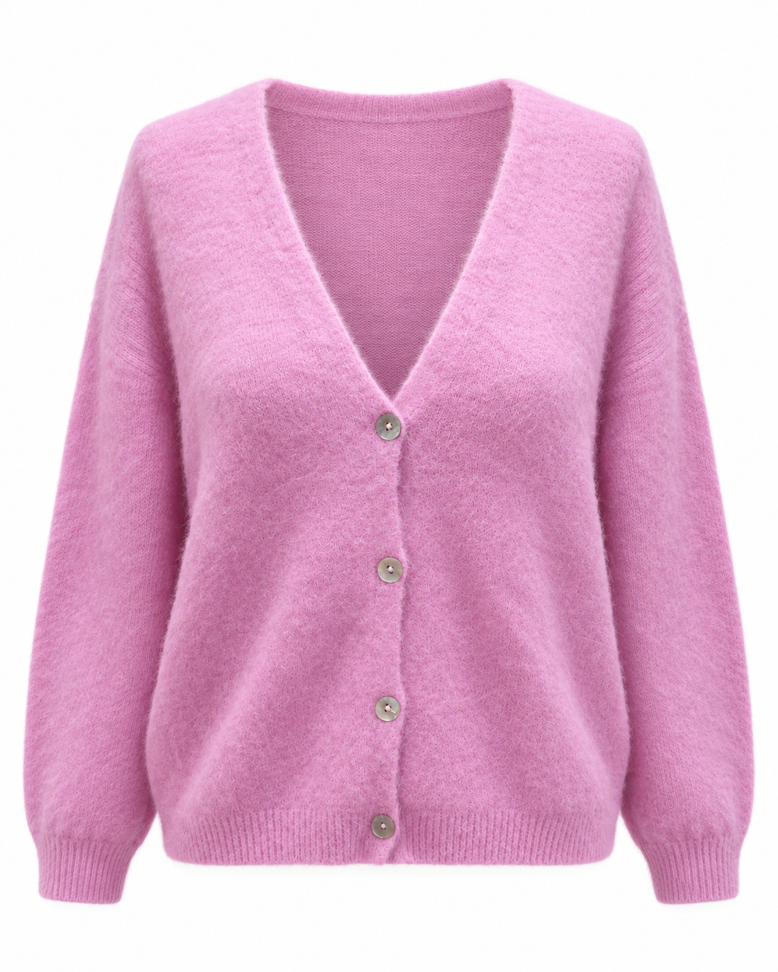 Gilet rose en alpaga Lisa col V avec boutons, cardigan doux et moelleux femme coupe oversize