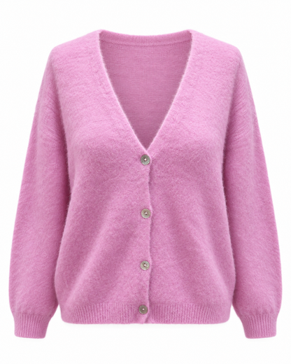 Gilet rose en alpaga Lisa col V avec boutons, cardigan doux et moelleux femme coupe oversize
