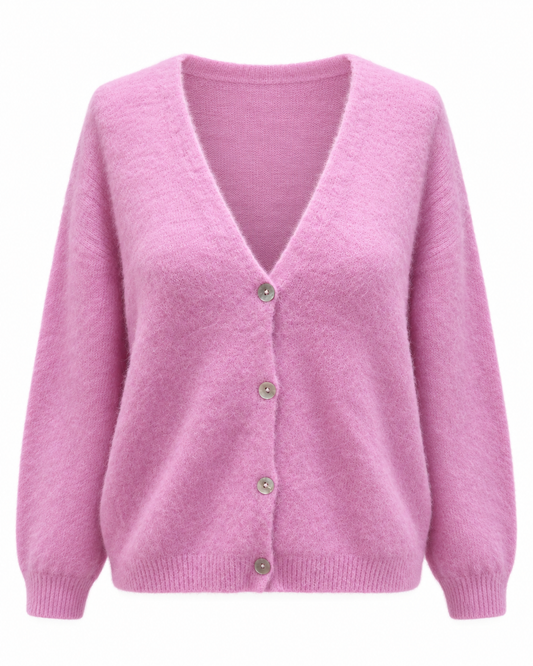 Gilet rose en alpaga Lisa col V avec boutons, cardigan doux et moelleux femme coupe oversize