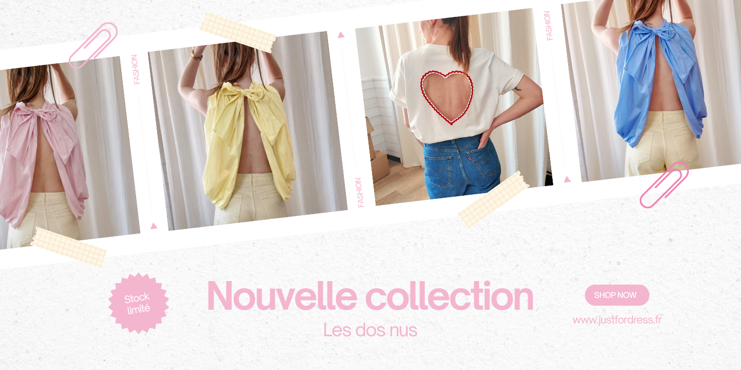 photos de dos nus, rose, jaune et bleu, et t-shirt blanc avec découpe coeur dans le dos