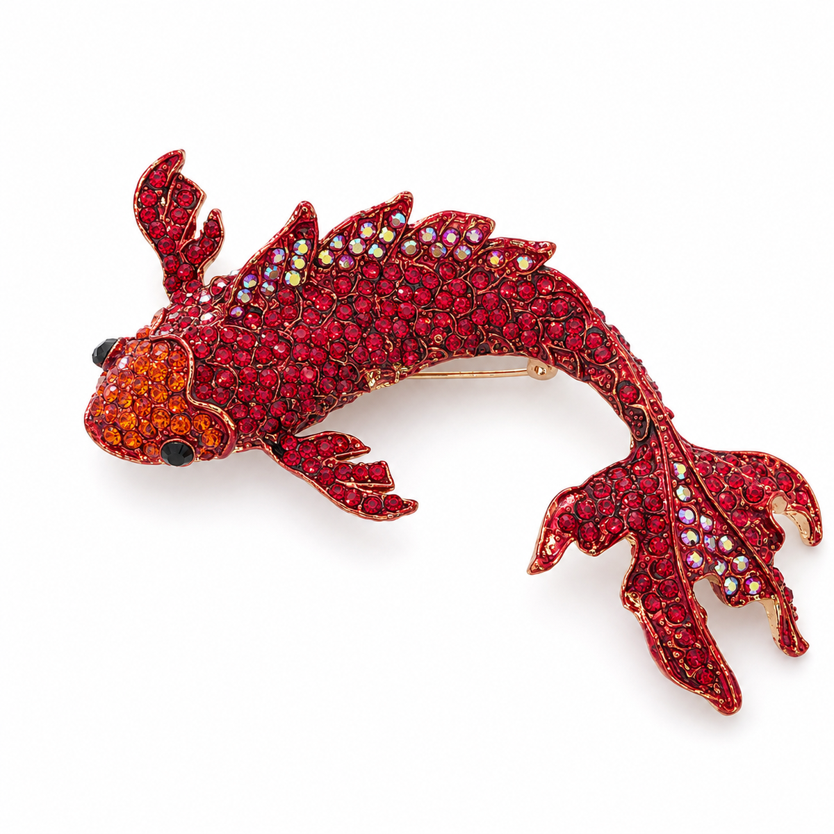 Broche poisson carpe koï rouge ornée de strass cristaux scintillants bijou fantaisie femme style asiatique
