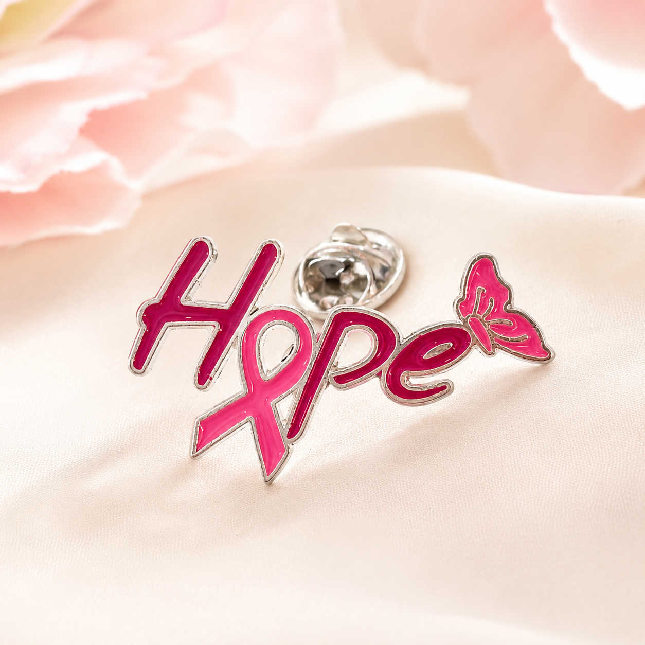 Pin's Hope ruban rose métal argenté avec papillon, épinglette Octobre rose sensibilisation cancer du sein femme