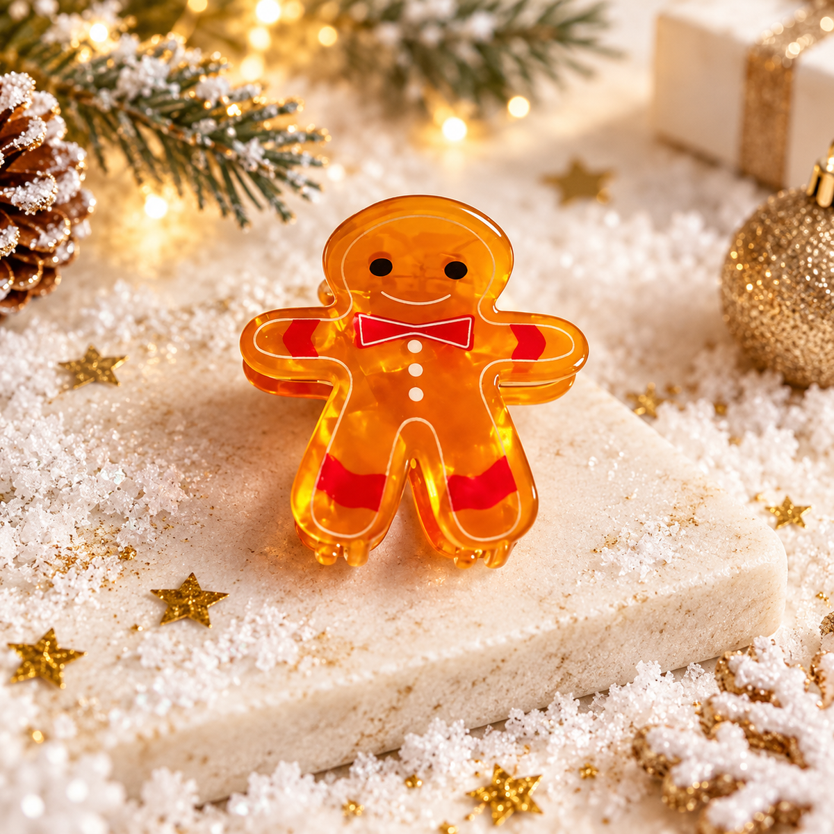 Pince à cheveux bonhomme pain d'épice transparente ambrée avec noeud rouge accessoire cheveux Noël femme