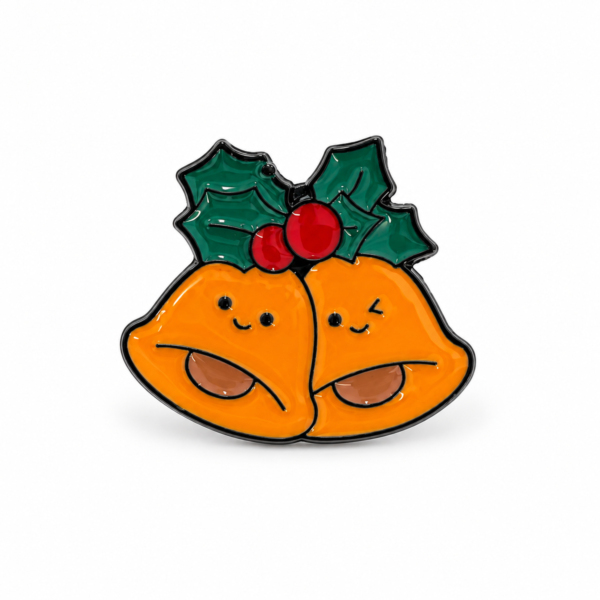Pin's cloches de Noël orange kawaii avec houx vert et baies rouges, accessoire festif émaillé style mignon