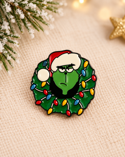Pin's Grinch Noël en émail vert avec couronne de Noël et guirlande lumineuse multicolore, accessoire fantaisie fêtes