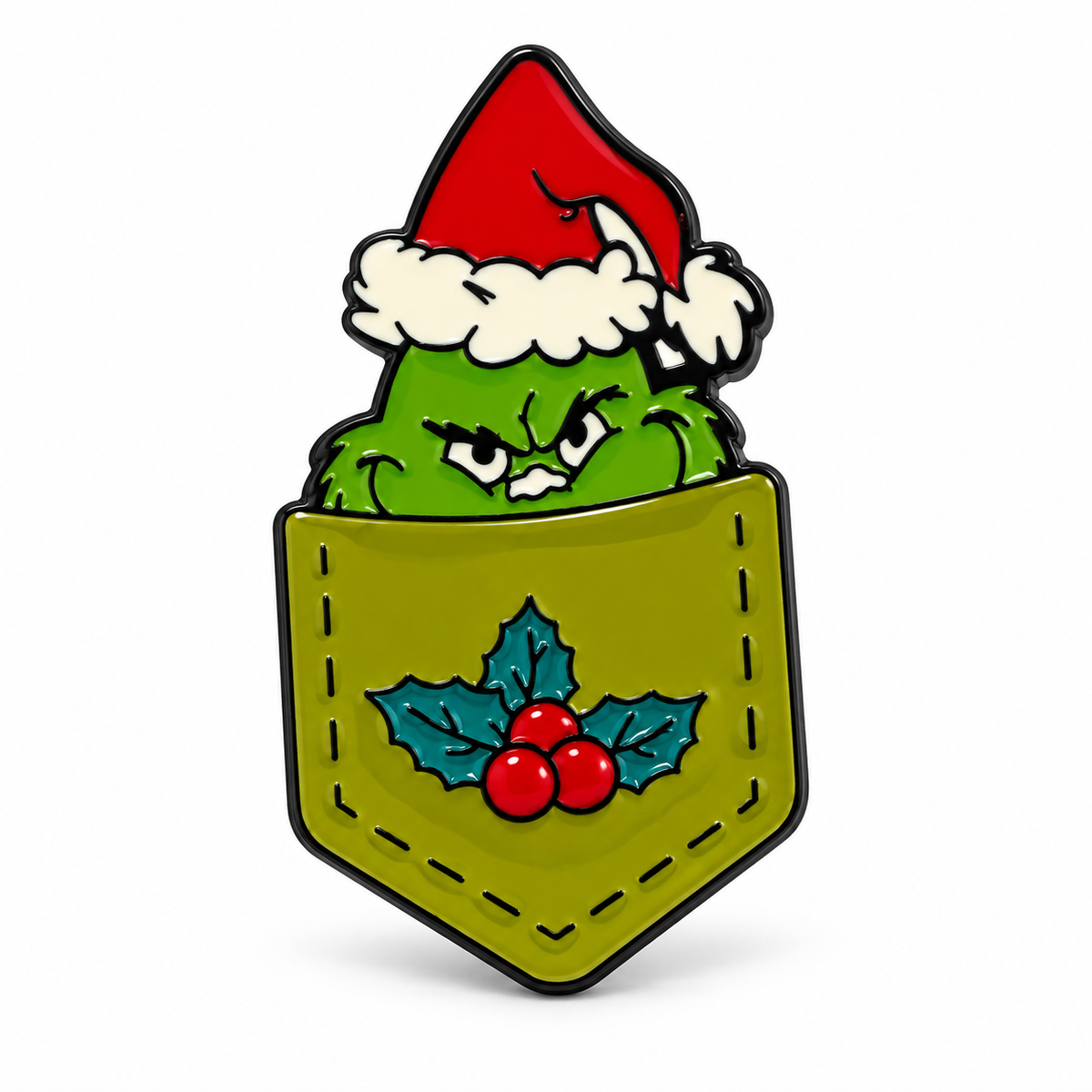Pin's émaillé Grinch de Noël vert avec bonnet rouge et houx, accessoire fantaisie décoration fêtes