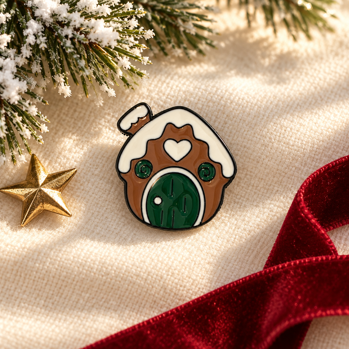 Pin's émaillé maison pain d'épice marron et vert style hobbit, accessoire fantaisie Noël pour veste ou sac