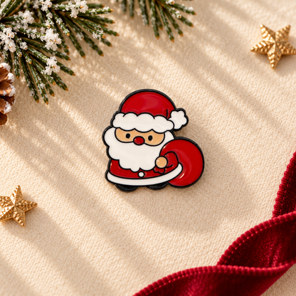 Pin's Père Noël rouge et blanc émaillé avec sac cadeau, accessoire fantaisie Noël pour vêtement ou sac